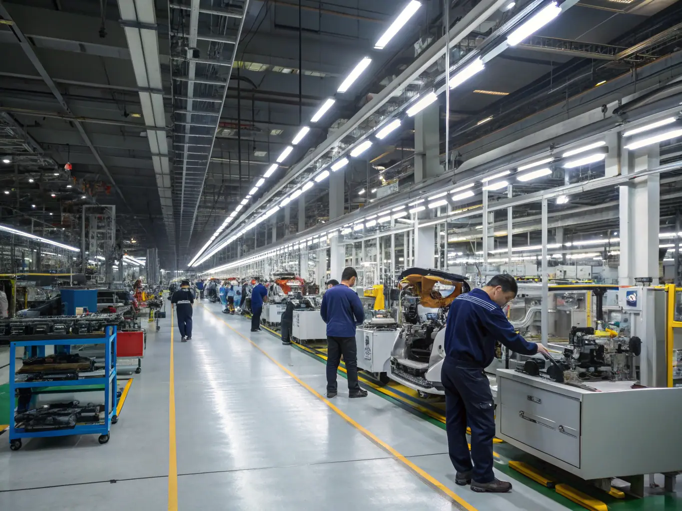 A modern manufacturing plant with workers in safety gear, showcasing ISO 9001 implementation for quality management.