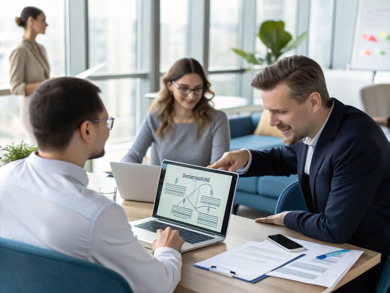 A consultant reviewing ISO 9001 documentation with a client in a modern office setting, emphasizing collaboration and attention to detail.