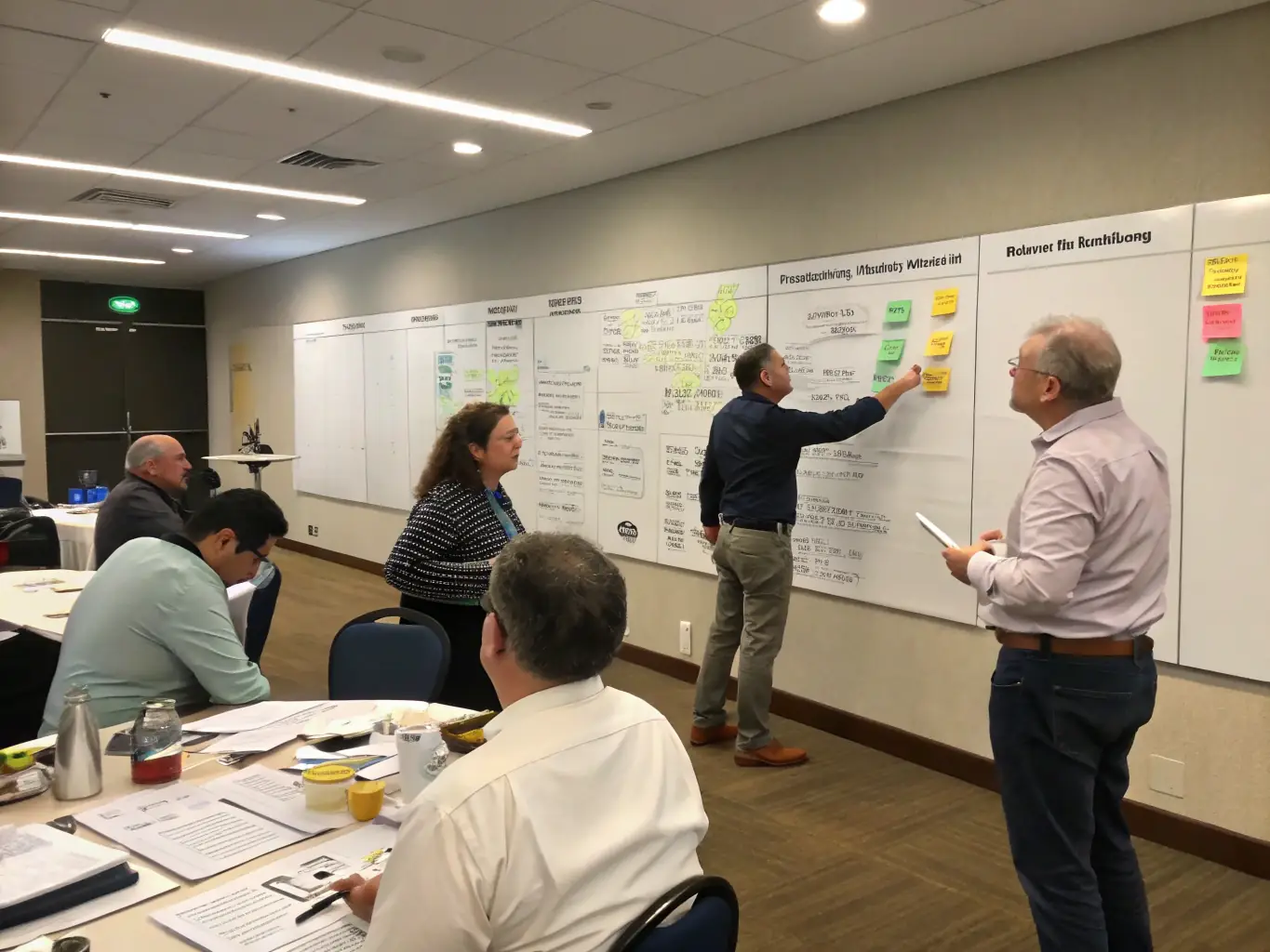 A workplace safety meeting in progress, with employees actively participating and a consultant leading the discussion on risk assessment.