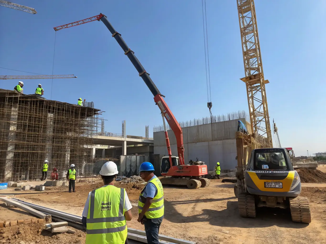 A construction site with workers adhering to safety protocols, highlighting ISO 45001 implementation for occupational health and safety.