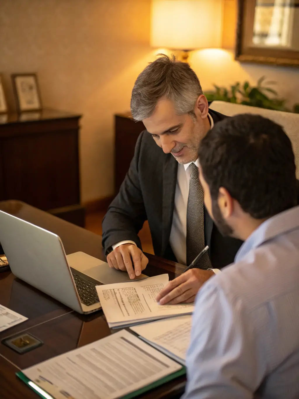 A professional consultant in a suit, reviewing documents with a client in a modern office setting, symbolizing ISO 9001 Quality Management System consultancy.